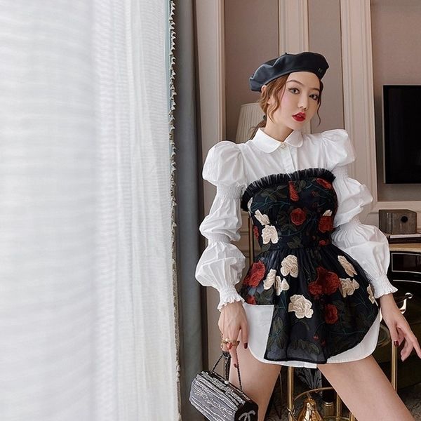 design sense retro shirt embroidered flower tube two-piece summer blouse hong kong style temperament women's suit 210317, White
design sense retro shirt embroidered flower tube two-piece summer blouse hong kong style temperament women's suit 210317, White
