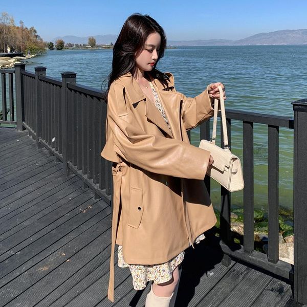 women's trench coats trendy 2021 spring autumn mid-length pu windbreaker fashion khaki motorcycle leather jacket female bandage outerwe, Tan;black
women's trench coats trendy 2021 spring autumn mid-length pu windbreaker fashion khaki motorcycle leather jacket female bandage outerwe, Tan;black