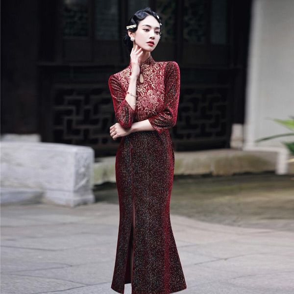 ethnic clothing lace-velour patchwork flower qipao women vintage button cheongsam chinese style party dress gown mandarin collar vestid, Red
ethnic clothing lace-velour patchwork flower qipao women vintage button cheongsam chinese style party dress gown mandarin collar vestid, Red