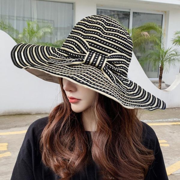 spring summer hat women striped big bow wide brim fishing cap lady packable anti-uv sun female fashion panama hats, Blue;gray
spring summer hat women striped big bow wide brim fishing cap lady packable anti-uv sun female fashion panama hats, Blue;gray