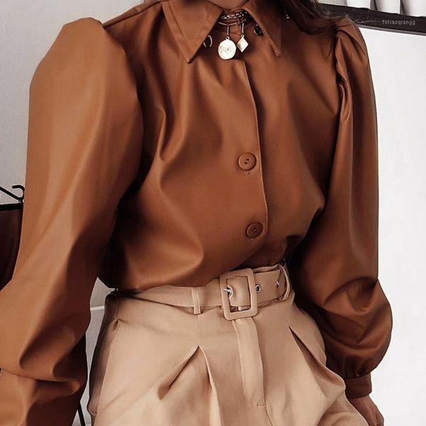 women's jackets autumn leather blouse women solid long sleeve puff vintage shirt ladies 2021 winter casual fashion turn-down collar, Black;brown 
women's jackets autumn leather blouse women solid long sleeve puff vintage shirt ladies 2021 winter casual fashion turn-down collar, Black;brown