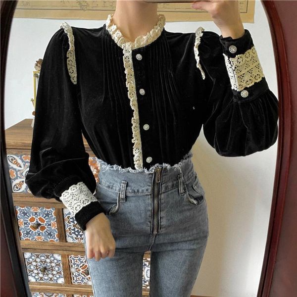 vintage design lace women shirts long-sleeved slim black velvet patchwork female outwear coats women's blouses, White
vintage design lace women shirts long-sleeved slim black velvet patchwork female outwear coats women's blouses, White