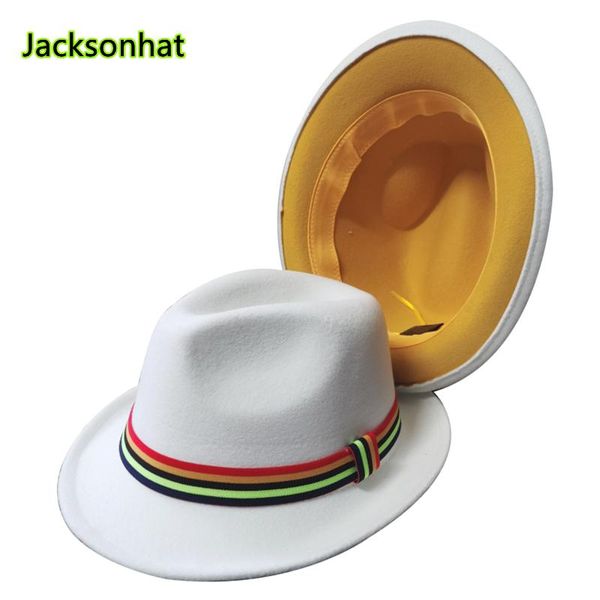 wide brim hats white and yellow fedora hat with colorful ribbon curled edge jazz women woolen panama wool felt, Blue;gray
wide brim hats white and yellow fedora hat with colorful ribbon curled edge jazz women woolen panama wool felt, Blue;gray