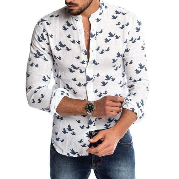 men's casual shirts spring autumn shirt men pigeon print buttons long sleeve linen slim comfortable beach stand collar, White;black
men's casual shirts spring autumn shirt men pigeon print buttons long sleeve linen slim comfortable beach stand collar, White;black