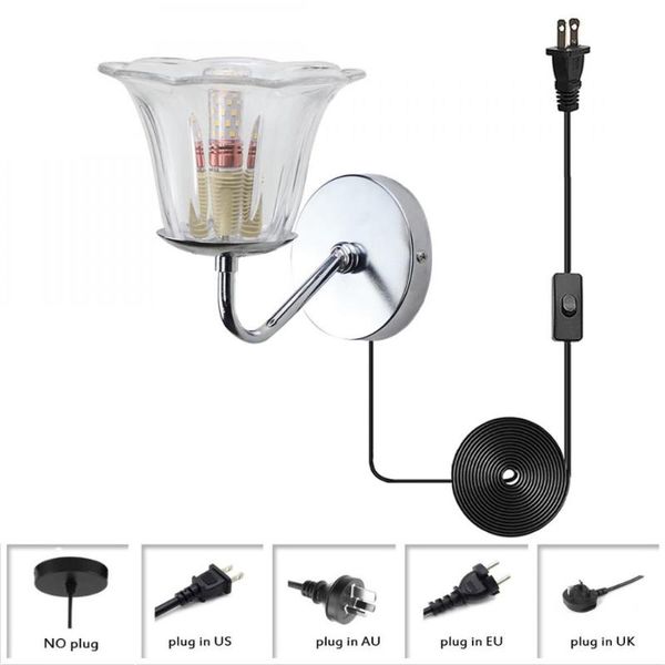 wall lamp modern plug in sconce, clear glass flower shade light, metal with plug-in cord and on/off switch
wall lamp modern plug in sconce, clear glass flower shade light, metal with plug-in cord and on/off switch