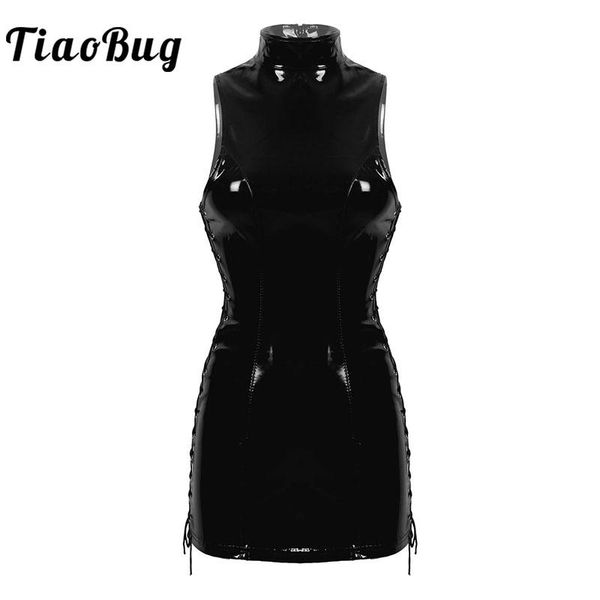 women sleeveless side tie-up stand collar wet look black patent leather dress bodycon mini vestidos party rave clubwear casual dresses, Black;gray
women sleeveless side tie-up stand collar wet look black patent leather dress bodycon mini vestidos party rave clubwear casual dresses, Black;gray