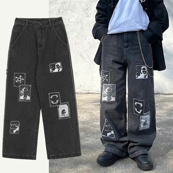 men's jeans high street vintage calças de brim masculino afligido lavado remendo imprimir gráfico casuais soltas largas-perna casal kps, Blue
men's jeans high street vintage calças de brim masculino afligido lavado remendo imprimir gráfico casuais soltas largas-perna casal kps, Blue