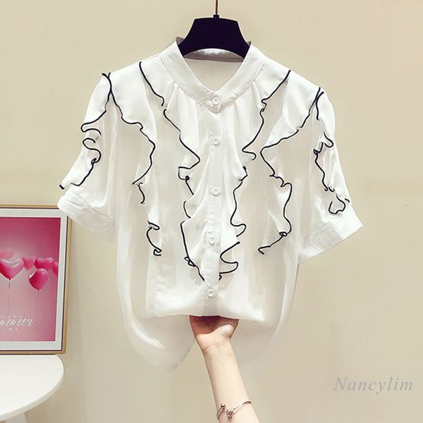blouses short sleeve women summer korean style elegant contrast-color ruffled stitching round neck blouse blusas femme, White
blouses short sleeve women summer korean style elegant contrast-color ruffled stitching round neck blouse blusas femme, White