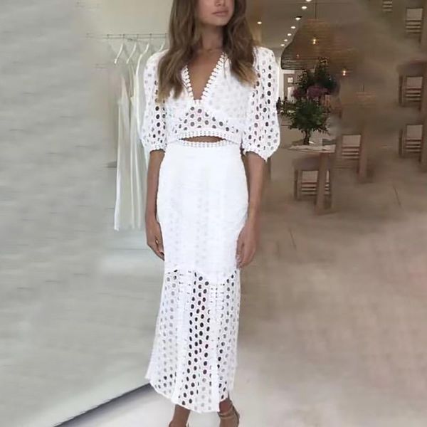 two piece dress embroidery hollow out women suit v neck puff sleeve short high waist split skirt female set fashion, White 
two piece dress embroidery hollow out women suit v neck puff sleeve short high waist split skirt female set fashion, White