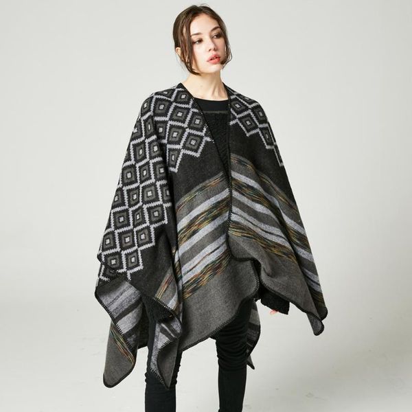 scarves winter women loose outerwear oversized knitted cashmere poncho cape geometric shawl cardigan sweater cloak, Blue;gray
scarves winter women loose outerwear oversized knitted cashmere poncho cape geometric shawl cardigan sweater cloak, Blue;gray
