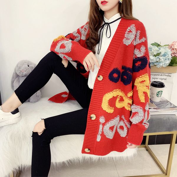 fashion sweater medium length loose korean knitted letter cardigan women's 2021 lazy coat, White;black
fashion sweater medium length loose korean knitted letter cardigan women's 2021 lazy coat, White;black