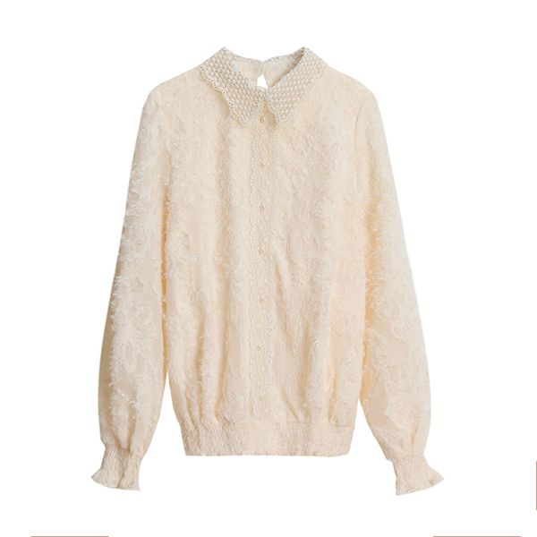 women turn down collar lace long sleeve pearl beige shirt blouse b0420 210514, White
women turn down collar lace long sleeve pearl beige shirt blouse b0420 210514, White