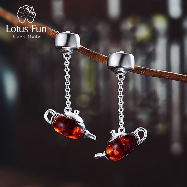 

lotus fun real 925 sterling silver natural amber original handmade fine jewelry cute teapot dangle earrings for women bijoux 210317