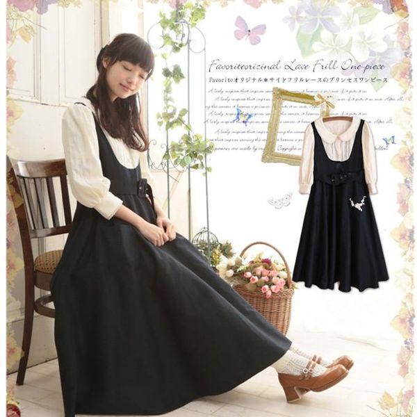 casual dresses japanese style mori girl dress fake two pieces navy blue/black suspender long, Black;gray
casual dresses japanese style mori girl dress fake two pieces navy blue/black suspender long, Black;gray