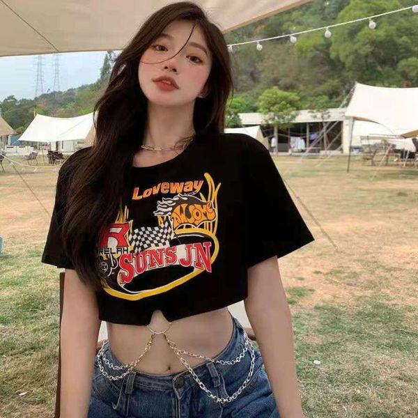 women's t-shirt retro printed all-matched female european american summer creative personality design hip-hop sense chain short cropped, White
women's t-shirt retro printed all-matched female european american summer creative personality design hip-hop sense chain short cropped, White
