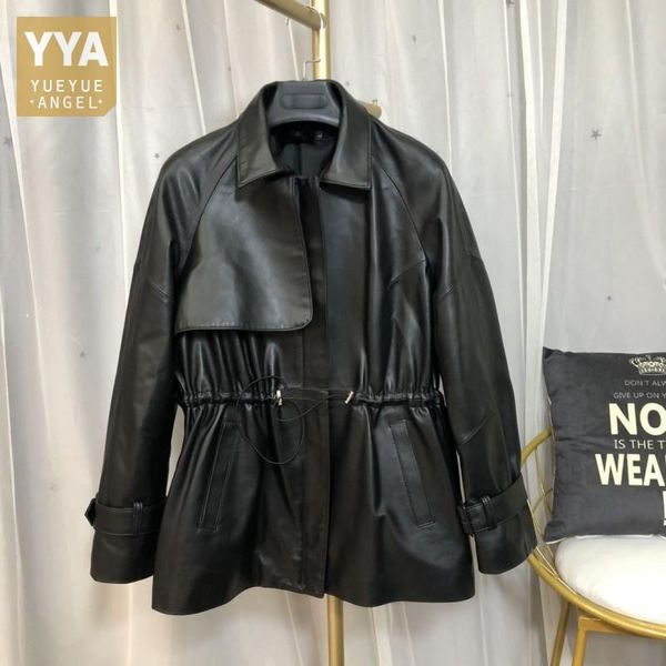 women's leather & faux 100% sheepskin real jacket women drawstring slim waist windbreaker coat office ladies casual outwear moto biker, Black
women's leather & faux 100% sheepskin real jacket women drawstring slim waist windbreaker coat office ladies casual outwear moto biker, Black
