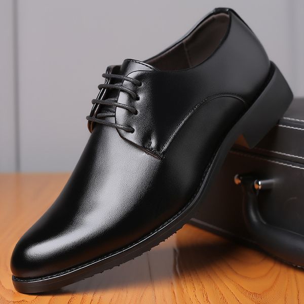 summer men's perforated shoes lace up formal busins pointed leather, Black