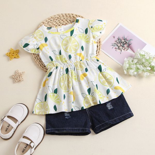 2pcs fashion little girls clothes children sweet style lemon printing fly sleeve round collar + solid color shorts set, White
2pcs fashion little girls clothes children sweet style lemon printing fly sleeve round collar + solid color shorts set, White