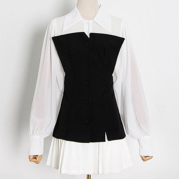 elegant black white panellede patchwork casual women dress turn down collar slim waist pleated dresses fashion simple robe, Black;gray
elegant black white panellede patchwork casual women dress turn down collar slim waist pleated dresses fashion simple robe, Black;gray