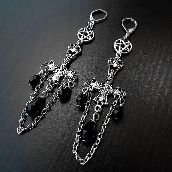 dangle & chandelier inverted crucifix earrings with black glass crystal teardrops. classic gothic dangling ornamental satanic, Silver
dangle & chandelier inverted crucifix earrings with black glass crystal teardrops. classic gothic dangling ornamental satanic, Silver