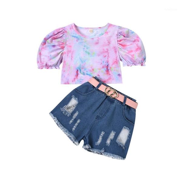 clothing sets kid's girl short jeans suit round neck puff sleeves tie-dyed elastic waist ripped with belt outfit1, White
clothing sets kid's girl short jeans suit round neck puff sleeves tie-dyed elastic waist ripped with belt outfit1, White
