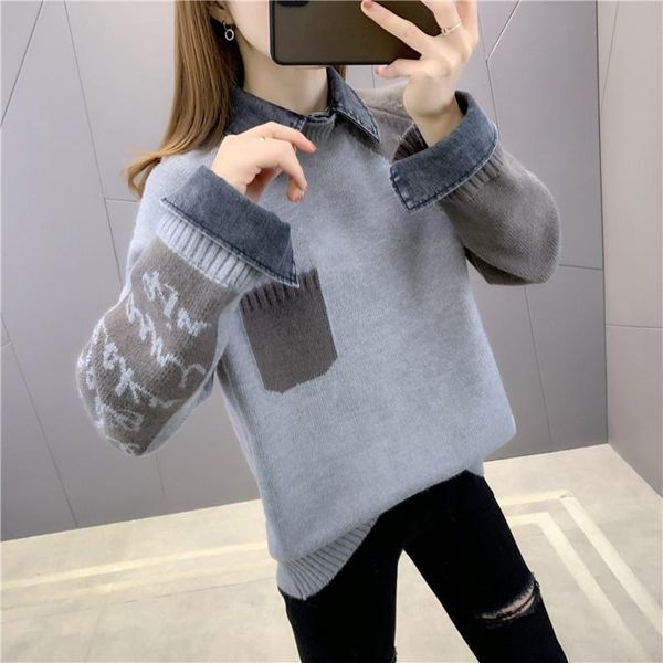 women's sweaters korean version fashion denim stitching fake two-piece pullover sweater female loose casual outer wear women lr2049, White;black
women's sweaters korean version fashion denim stitching fake two-piece pullover sweater female loose casual outer wear women lr2049, White;black