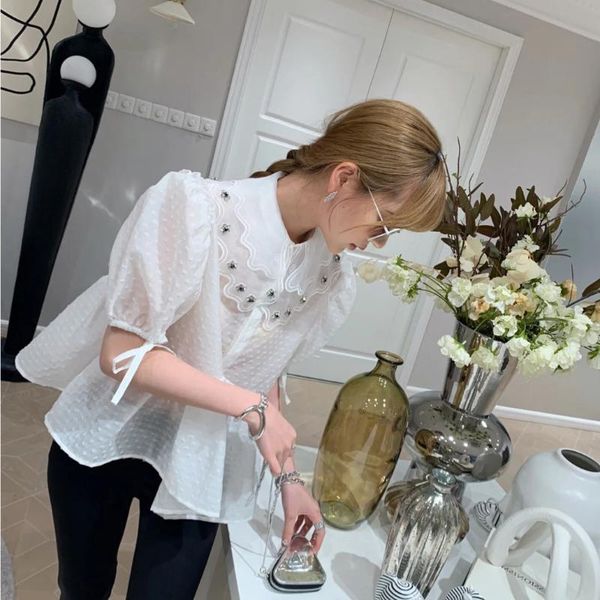 women's blouses & shirts 2021 summer white puff sleeve chiffon shirt with diamond short