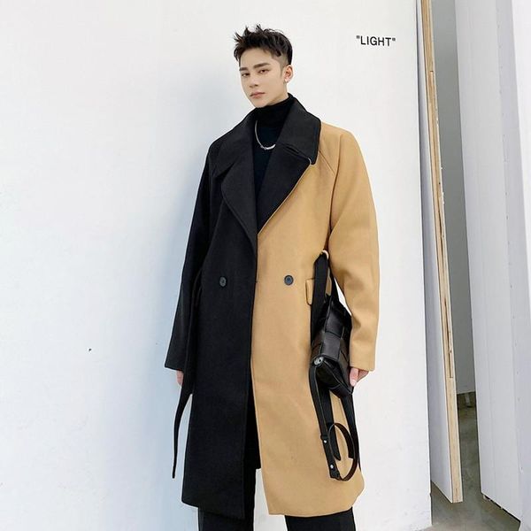 men's wool & blends woolen coat winter korean version splicing contrast color trend over knee lace up windbreaker, Black
men's wool & blends woolen coat winter korean version splicing contrast color trend over knee lace up windbreaker, Black