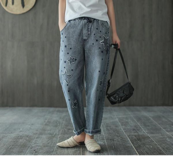 women's jeans summer retro women elastic waist all-match denim pants 2021 casual patchwork embroidery five stars trousers, Blue
women's jeans summer retro women elastic waist all-match denim pants 2021 casual patchwork embroidery five stars trousers, Blue