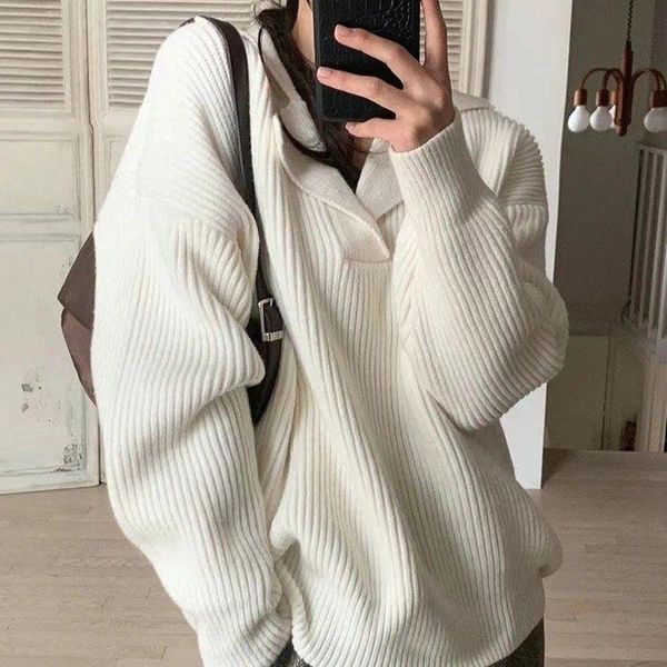 women's sweaters solid casual knit pullover chic turn-down collar sweater 2021 winter clothes women y2k long sleeve fashion jumper, White;black
women's sweaters solid casual knit pullover chic turn-down collar sweater 2021 winter clothes women y2k long sleeve fashion jumper, White;black