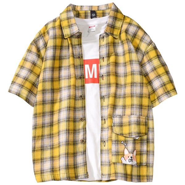 men's casual shirts summer japanese yellow men shirt plaid korean male fashion stylish loose short sleeve couple vintage 60, White;black
men's casual shirts summer japanese yellow men shirt plaid korean male fashion stylish loose short sleeve couple vintage 60, White;black