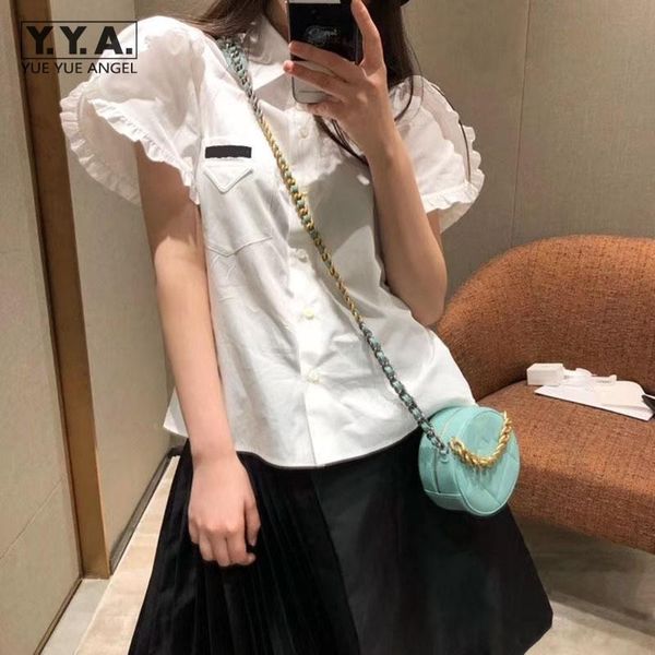 preppy style sweet white shirt female ruffle short sleeve blouse fashion loose fit cotton casual women lapel solid shirts women's blou