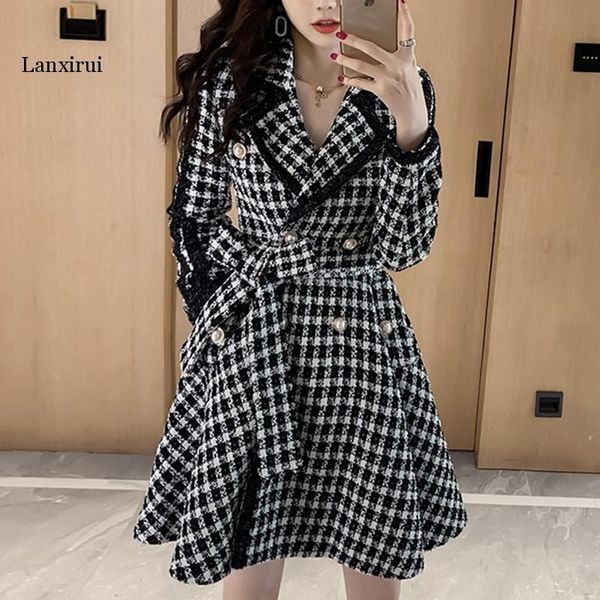 women's wool & blends plaid woolen straight long coat houndstooth streetwear belt with pocket drop-shoulder sleeve outwear autumn, Black
women's wool & blends plaid woolen straight long coat houndstooth streetwear belt with pocket drop-shoulder sleeve outwear autumn, Black