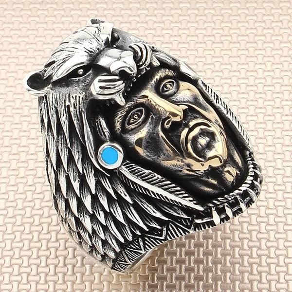 injun and lion silver ring with blue raw turquoise stone men made in turkey solid 925 sterling cluster rings, Golden;silver
injun and lion silver ring with blue raw turquoise stone men made in turkey solid 925 sterling cluster rings, Golden;silver