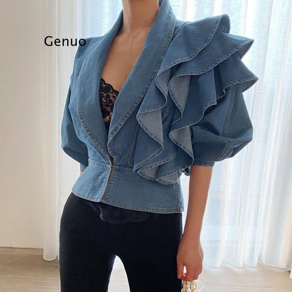 women's jackets woman denim ruffles solid spring autumn short v neck korean vintage outwear, Black;brown
women's jackets woman denim ruffles solid spring autumn short v neck korean vintage outwear, Black;brown