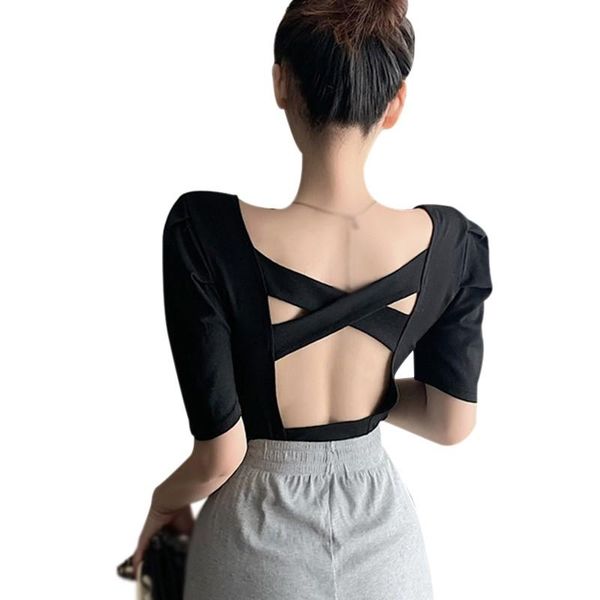 women's t-shirt knitted summer u-neck hollow out backless short sleeves tshirt, White
women's t-shirt knitted summer u-neck hollow out backless short sleeves tshirt, White