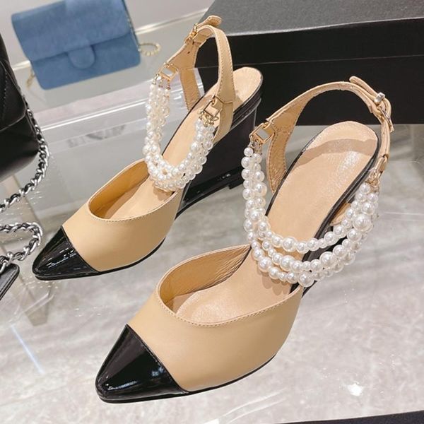 sandals pearl chain woman buckle strap shoes women pointed toe wedges fashion elegant ladies patchwork, Black