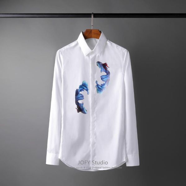 men's casual shirts 18fw autumn winter style chinese carp printing fashion show high-end business shirt male, White;black
men's casual shirts 18fw autumn winter style chinese carp printing fashion show high-end business shirt male, White;black