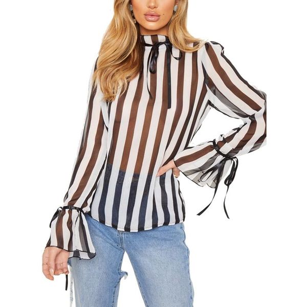 women´s fashion shirts half high collar pagoda sleeve stripe see through chiffon loose blouse for female women's blouses &, White
women´s fashion shirts half high collar pagoda sleeve stripe see through chiffon loose blouse for female women's blouses &, White
