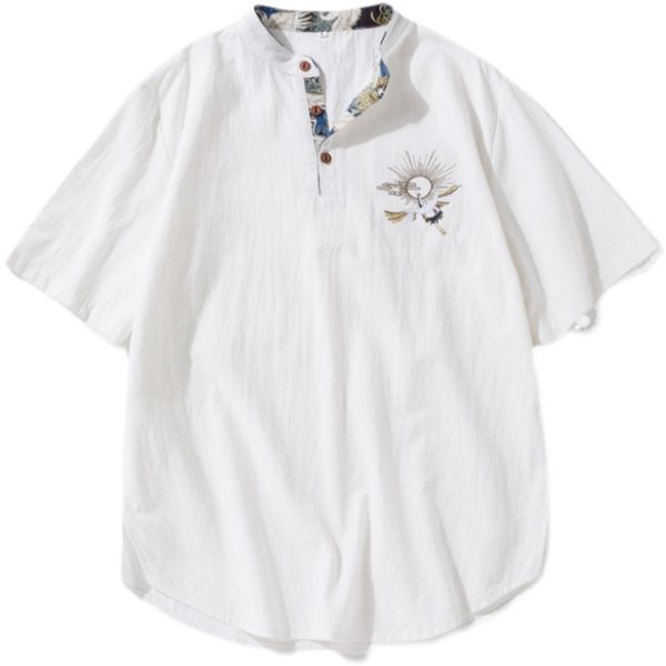 men's t shirts summer short sleeve loose fashion youth embroidery linen top, White;black
men's t shirts summer short sleeve loose fashion youth embroidery linen top, White;black