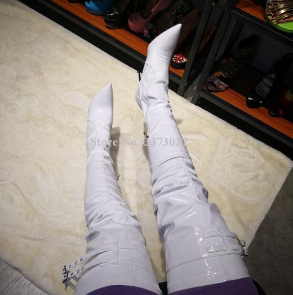 boots white color patent leather over the knee woman fashion pointed toe buckles long female thigh high, Black
boots white color patent leather over the knee woman fashion pointed toe buckles long female thigh high, Black
