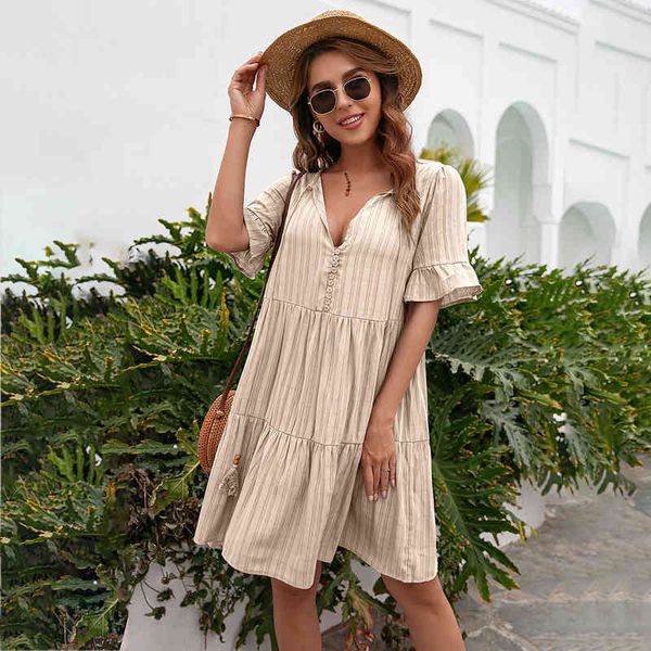 summer womens v-neck lace up half sleeve knee-length dress fashion casual solid button ruffle beach loose dresses, Black;gray
summer womens v-neck lace up half sleeve knee-length dress fashion casual solid button ruffle beach loose dresses, Black;gray
