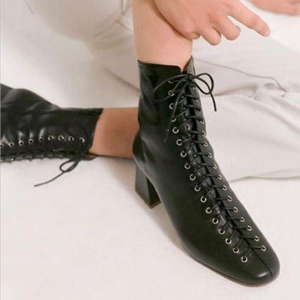 boots chunky high heels women lace up ankle for black leather winter square toe ladies shoes