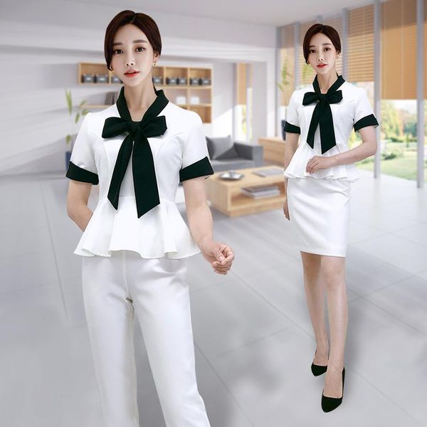 women's two piece pants business women elegant formal uniforms suits office lady bowknot neck workwear female short slveeve work, White
women's two piece pants business women elegant formal uniforms suits office lady bowknot neck workwear female short slveeve work, White