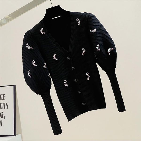 women's sweaters fashion designer 2021 autumn winter sweater women black beading diamonds single breasted elegant top, White;black
women's sweaters fashion designer 2021 autumn winter sweater women black beading diamonds single breasted elegant top, White;black