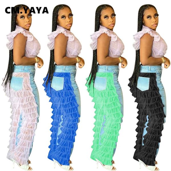 cm.yaya cascading mesh ruffles patchwork denim pants women streetwear straight jeans ripped trousers high waist lady women's, Blue
cm.yaya cascading mesh ruffles patchwork denim pants women streetwear straight jeans ripped trousers high waist lady women's, Blue