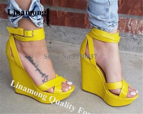 linamong fashion open toe high platform wedge sandals yellow buckles strap cross height increased wedges formal dress heels, Black
linamong fashion open toe high platform wedge sandals yellow buckles strap cross height increased wedges formal dress heels, Black