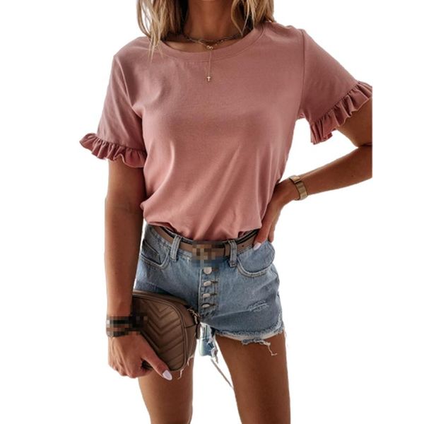 women's t-shirt summer women clothing o neck solid casual slim ruffles bottoming short sleeve ladies elegant korean tee sj5878m, White 
women's t-shirt summer women clothing o neck solid casual slim ruffles bottoming short sleeve ladies elegant korean tee sj5878m, White