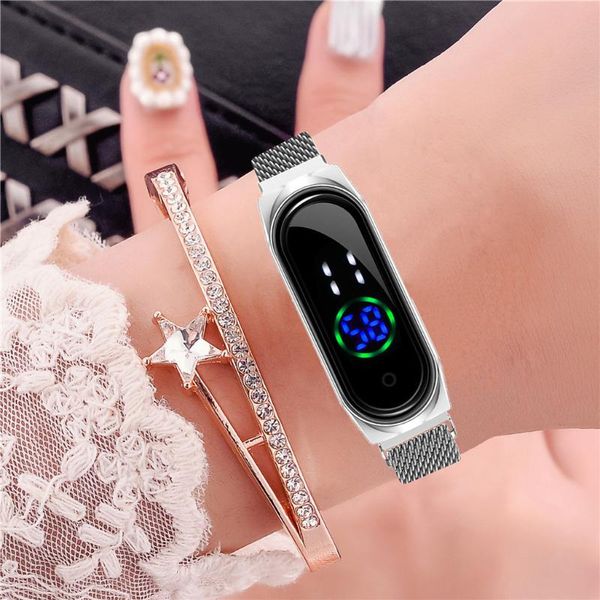 wristwatches women rectangle touch screen led electronic watches mesh belt digital relogio feminino zegarek damski, Slivery;brown