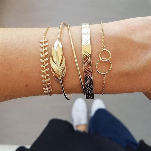 link, chain leaf hollow metal bracelet for women personality geometric pattern golden five pieces/set lady accessories, Black
link, chain leaf hollow metal bracelet for women personality geometric pattern golden five pieces/set lady accessories, Black